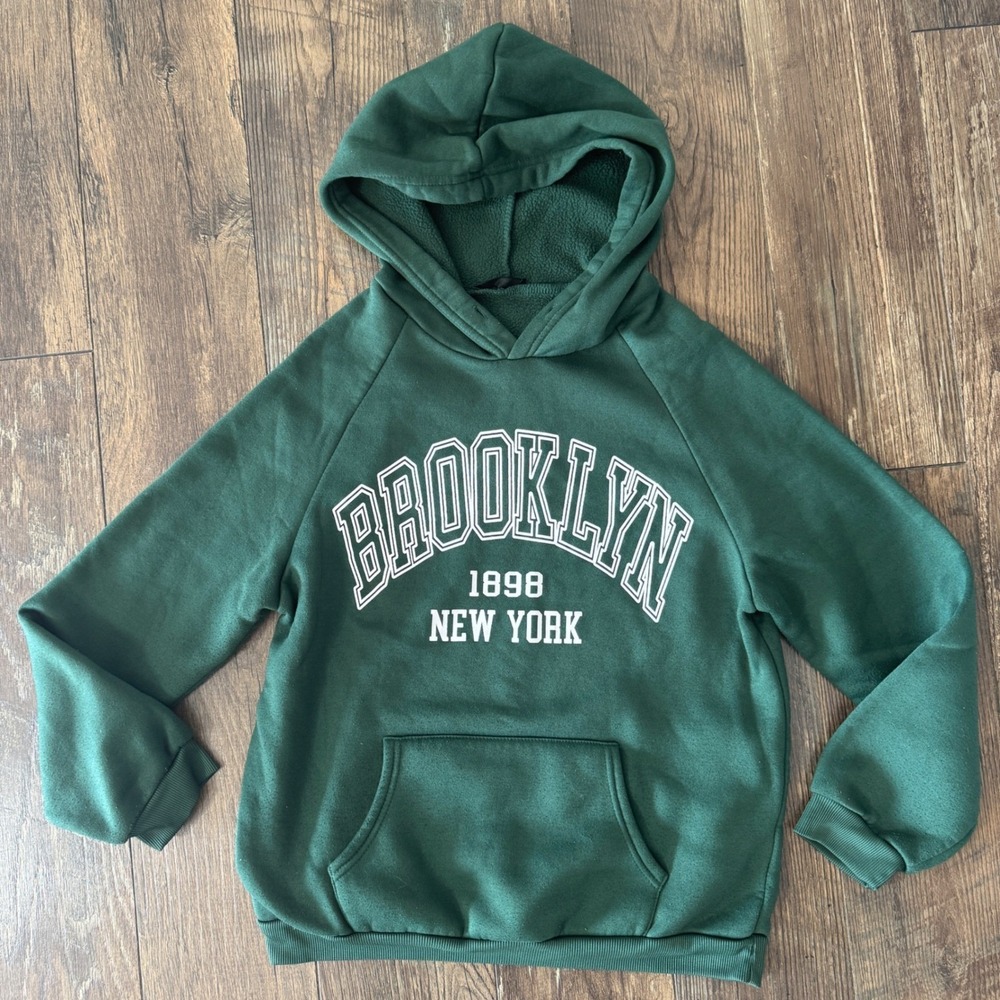 SHEIN Womens Brooklyn 1898 New York Graphic Hoodie Forest Green Size L 8/10